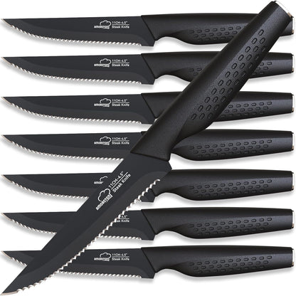 Steak Knives, Steak Knives Set of 8, Stainless Steel Steak Knife Set, Serrated Knives Dishwasher Safe, Elegant Black Mothers Day Gifts for Women