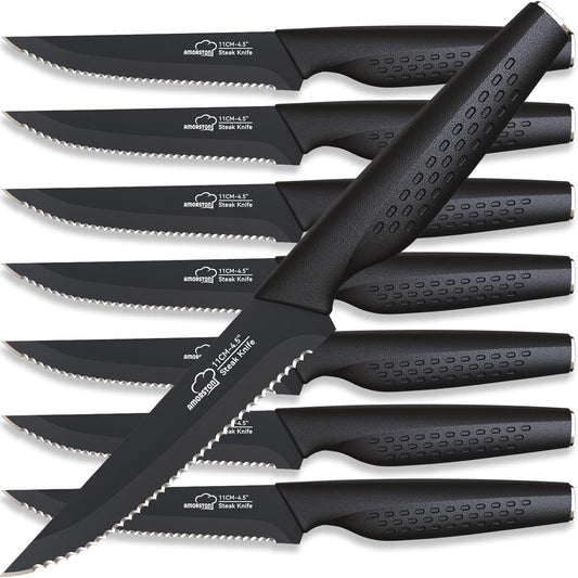 Steak Knives, Steak Knives Set of 8, Stainless Steel Steak Knife Set, Serrated Knives Dishwasher Safe, Elegant Black Mothers Day Gifts for Women