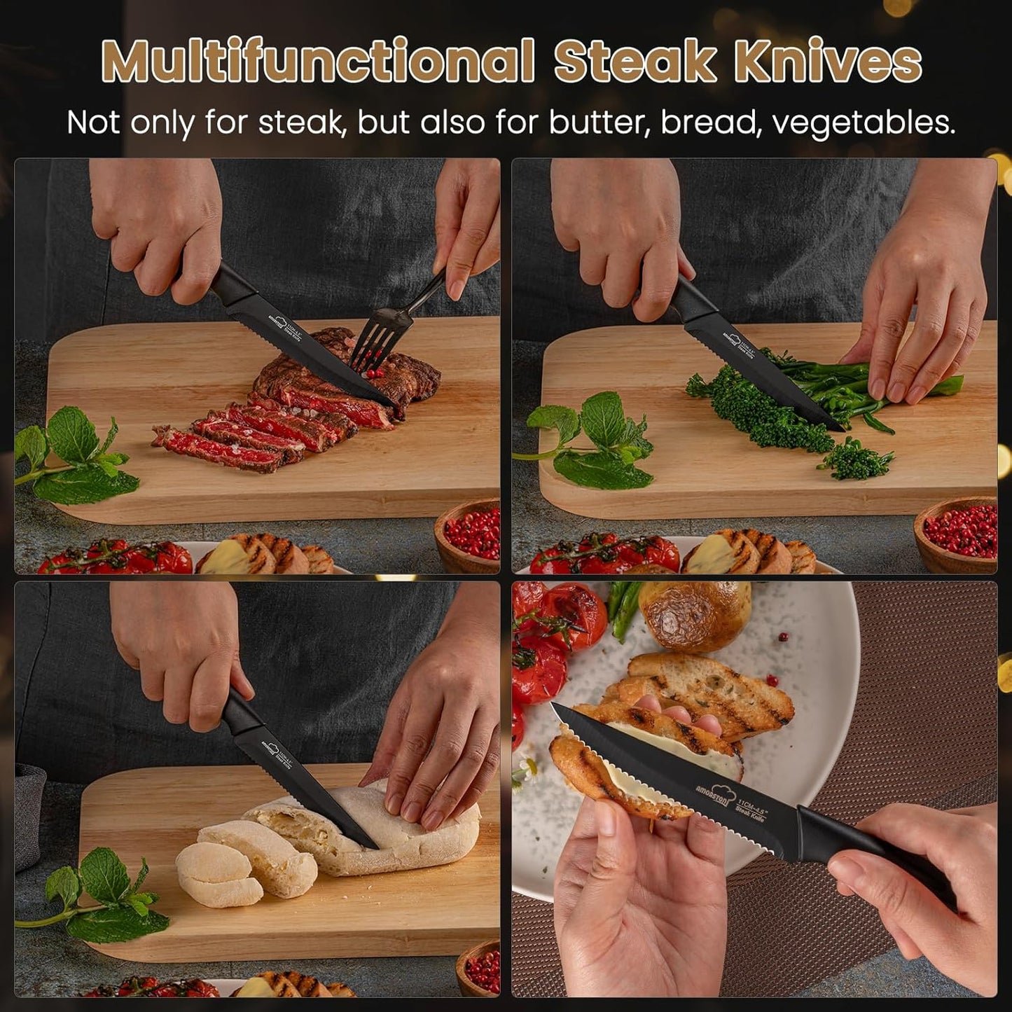 Steak Knives, Steak Knives Set of 8, Stainless Steel Steak Knife Set, Serrated Knives Dishwasher Safe, Elegant Black Mothers Day Gifts for Women