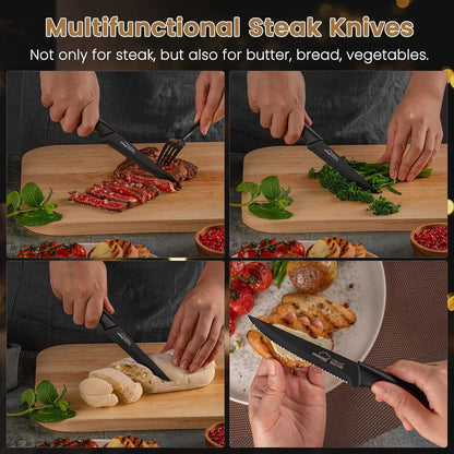 Steak Knives, Steak Knives Set of 8, Stainless Steel Steak Knife Set, Serrated Knives Dishwasher Safe, Elegant Black Mothers Day Gifts for Women
