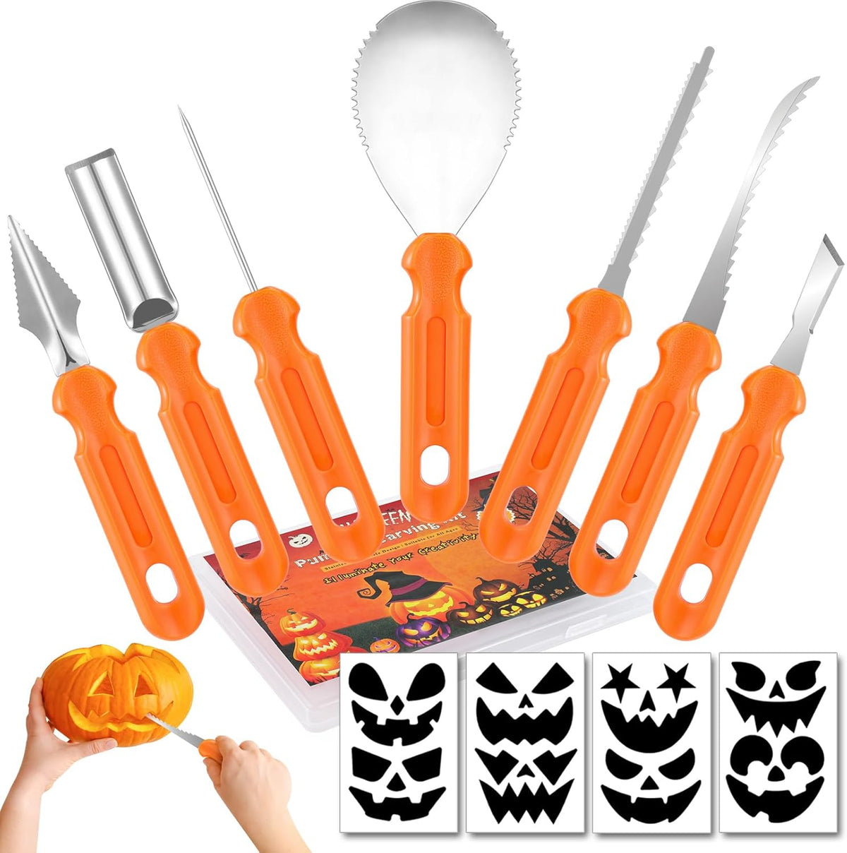 Pumpkin Carving Kit - 7 Piece Professional Stainless Steel Carving Tools with 8 Stencils and Storage Case, Heavy Duty Halloween Jack-O-Lantern Decorations Sculpting Knife Set for Adults and Kids