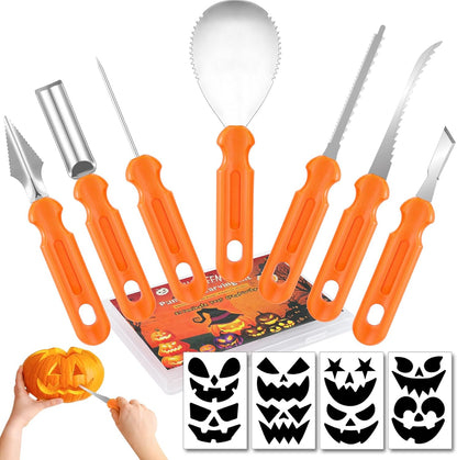 Pumpkin Carving Kit - 7 Piece Professional Stainless Steel Carving Tools with 8 Stencils and Storage Case, Heavy Duty Halloween Jack-O-Lantern Decorations Sculpting Knife Set for Adults and Kids