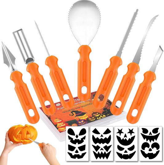 Pumpkin Carving Kit - 7 Piece Professional Stainless Steel Carving Tools with 8 Stencils and Storage Case, Heavy Duty Halloween Jack-O-Lantern Decorations Sculpting Knife Set for Adults and Kids
