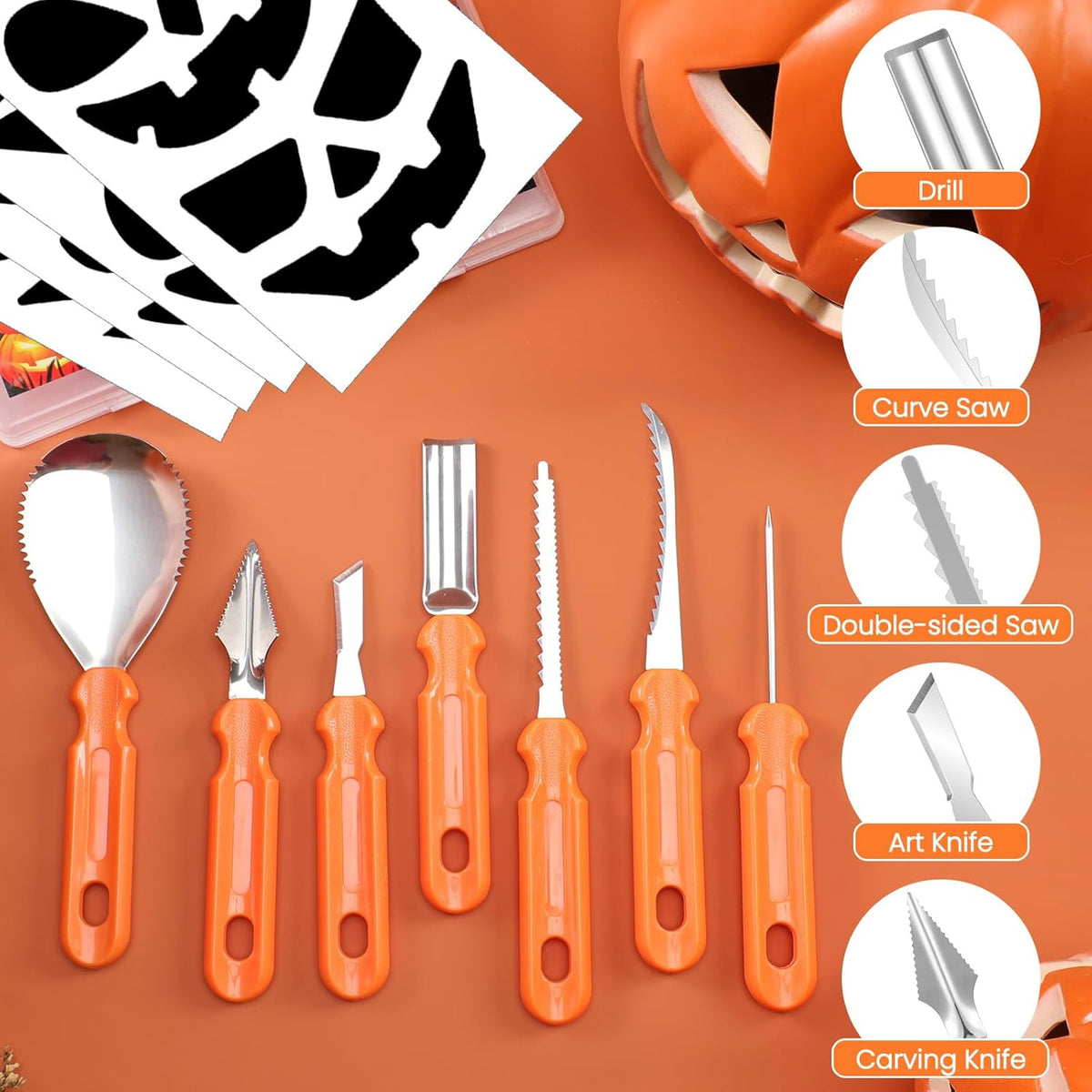 Pumpkin Carving Kit - 7 Piece Professional Stainless Steel Carving Tools with 8 Stencils and Storage Case, Heavy Duty Halloween Jack-O-Lantern Decorations Sculpting Knife Set for Adults and Kids
