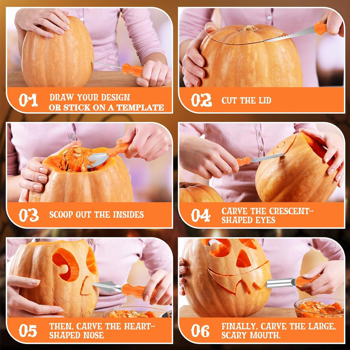 Pumpkin Carving Kit - 7 Piece Professional Stainless Steel Carving Tools with 8 Stencils and Storage Case, Heavy Duty Halloween Jack-O-Lantern Decorations Sculpting Knife Set for Adults and Kids