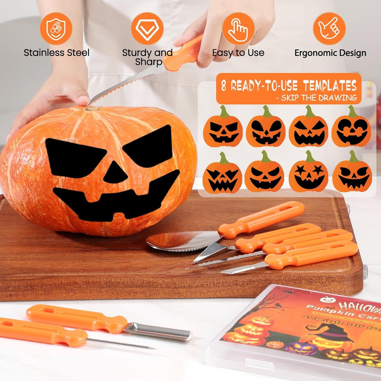 Pumpkin Carving Kit - 7 Piece Professional Stainless Steel Carving Tools with 8 Stencils and Storage Case, Heavy Duty Halloween Jack-O-Lantern Decorations Sculpting Knife Set for Adults and Kids