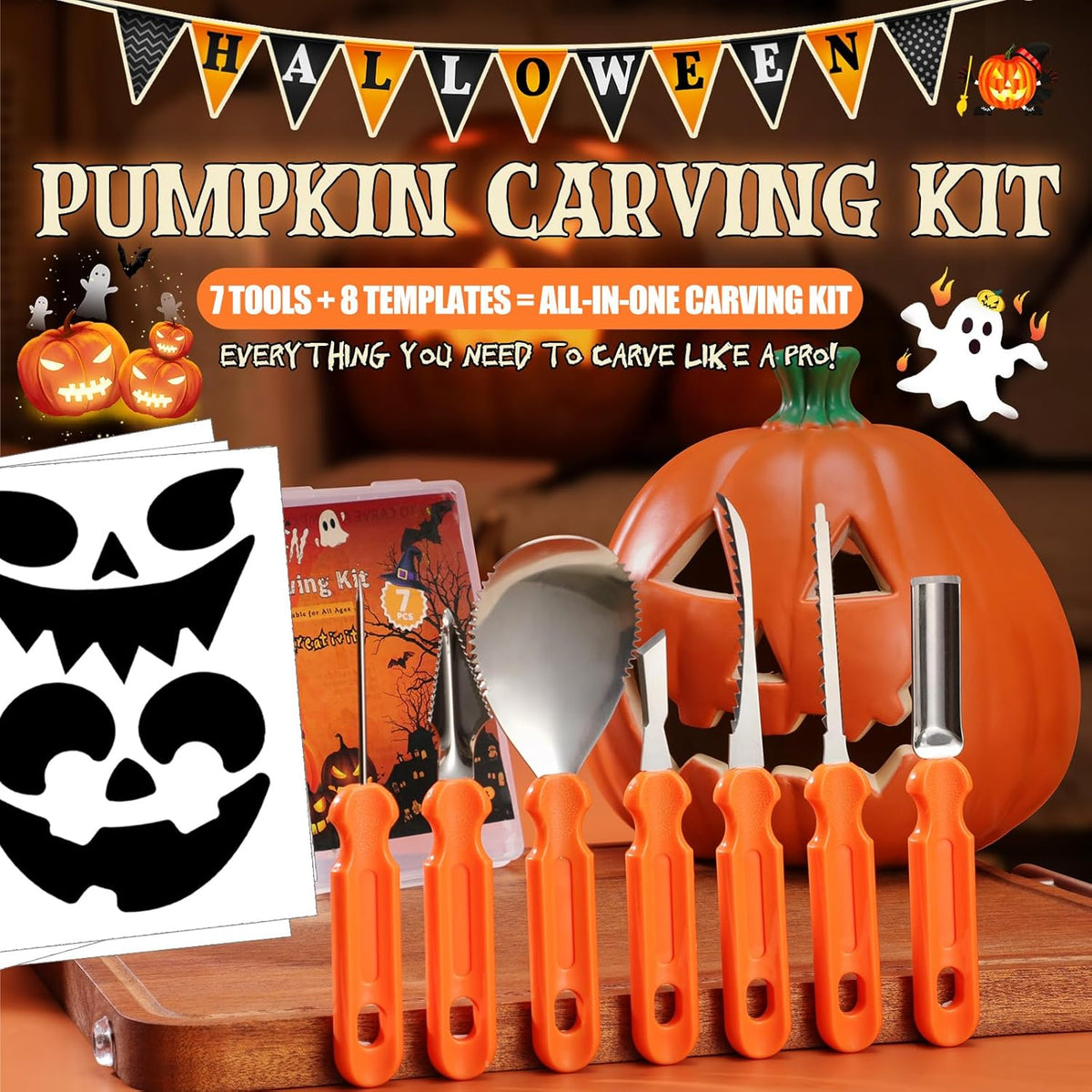 Pumpkin Carving Kit - 7 Piece Professional Stainless Steel Carving Tools with 8 Stencils and Storage Case, Heavy Duty Halloween Jack-O-Lantern Decorations Sculpting Knife Set for Adults and Kids