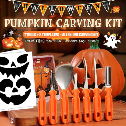 Pumpkin Carving Kit - 7 Piece Professional Stainless Steel Carving Tools with 8 Stencils and Storage Case, Heavy Duty Halloween Jack-O-Lantern Decorations Sculpting Knife Set for Adults and Kids