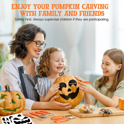 Pumpkin Carving Kit - 7 Piece Professional Stainless Steel Carving Tools with 8 Stencils and Storage Case, Heavy Duty Halloween Jack-O-Lantern Decorations Sculpting Knife Set for Adults and Kids