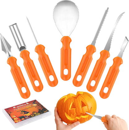 Pumpkin Carving Kit - 7 Piece Professional Stainless Steel Carving Tools with 8 Stencils and Storage Case, Heavy Duty Halloween Jack-O-Lantern Decorations Sculpting Knife Set for Adults and Kids