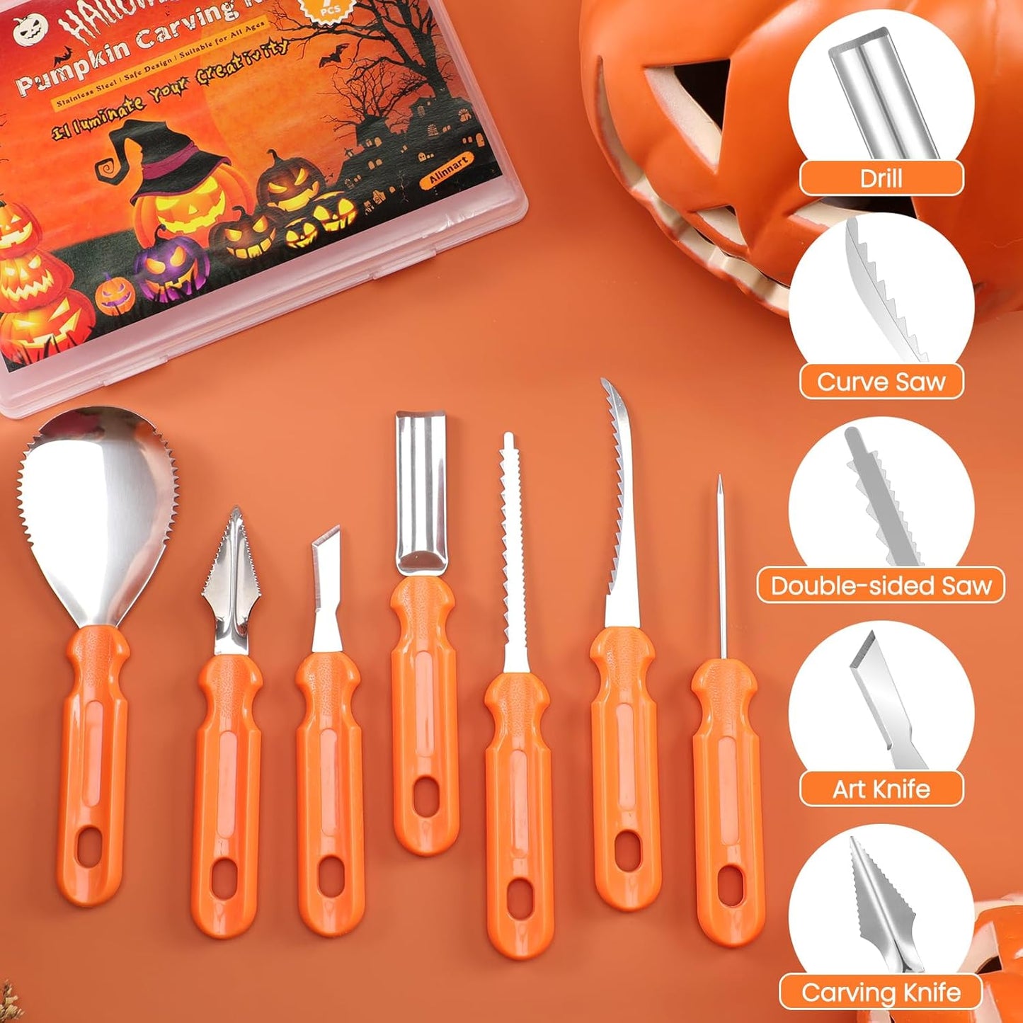 Pumpkin Carving Kit - 7 Piece Professional Stainless Steel Carving Tools with 8 Stencils and Storage Case, Heavy Duty Halloween Jack-O-Lantern Decorations Sculpting Knife Set for Adults and Kids