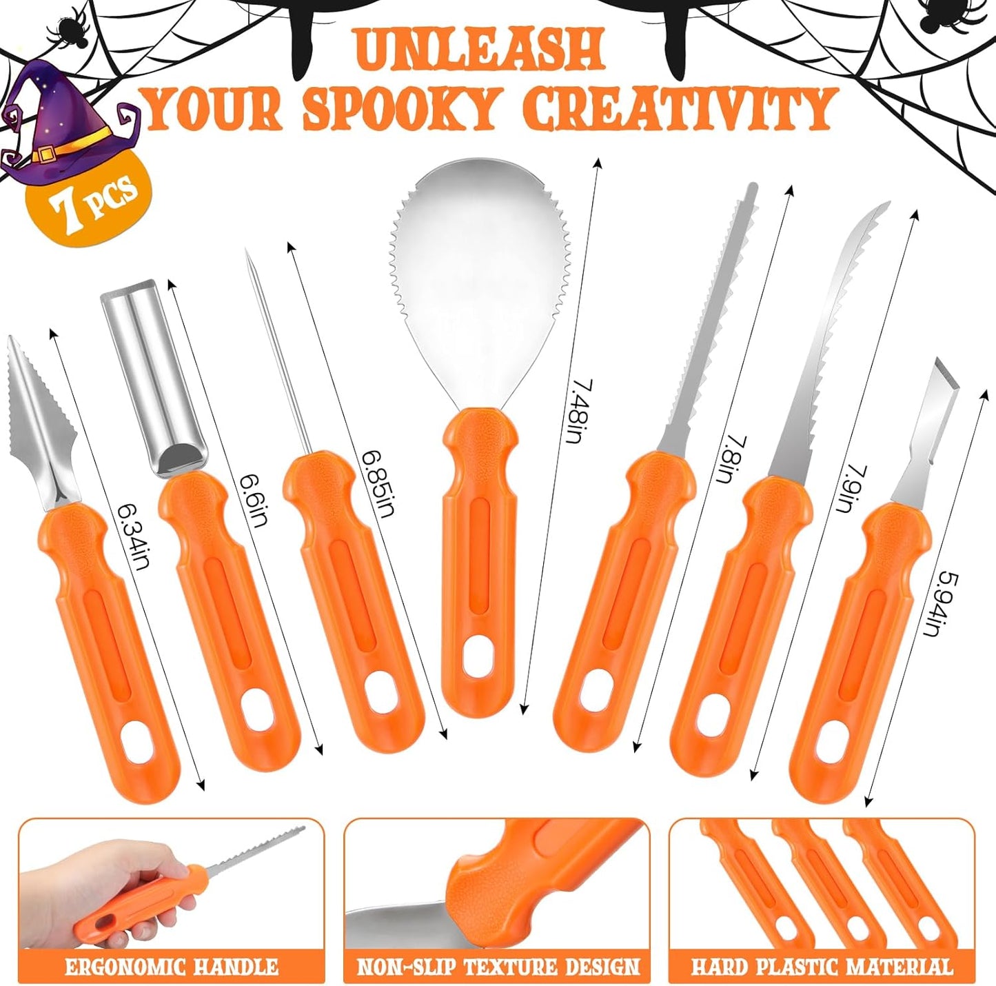 Pumpkin Carving Kit - 7 Piece Professional Stainless Steel Carving Tools with 8 Stencils and Storage Case, Heavy Duty Halloween Jack-O-Lantern Decorations Sculpting Knife Set for Adults and Kids