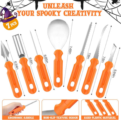 Pumpkin Carving Kit - 7 Piece Professional Stainless Steel Carving Tools with 8 Stencils and Storage Case, Heavy Duty Halloween Jack-O-Lantern Decorations Sculpting Knife Set for Adults and Kids