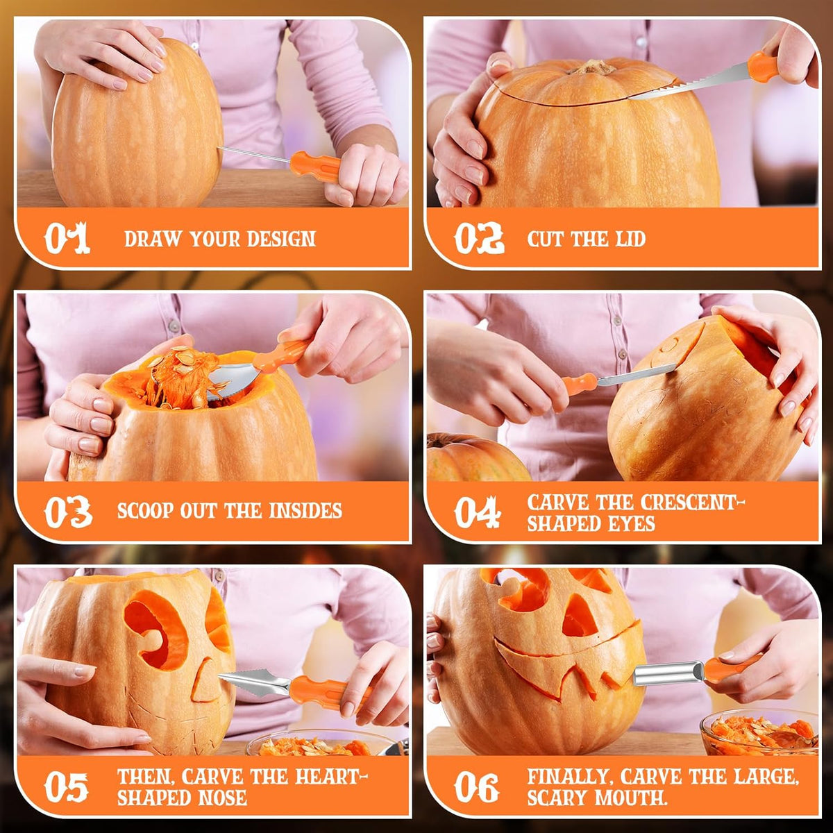 Pumpkin Carving Kit - 7 Piece Professional Stainless Steel Carving Tools with 8 Stencils and Storage Case, Heavy Duty Halloween Jack-O-Lantern Decorations Sculpting Knife Set for Adults and Kids