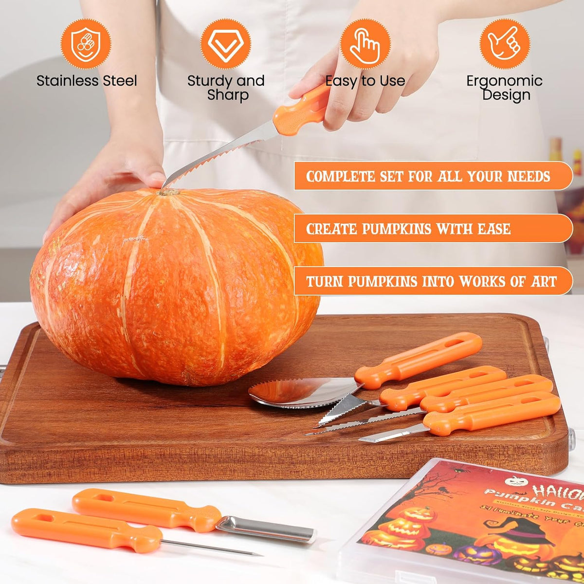 Pumpkin Carving Kit - 7 Piece Professional Stainless Steel Carving Tools with 8 Stencils and Storage Case, Heavy Duty Halloween Jack-O-Lantern Decorations Sculpting Knife Set for Adults and Kids