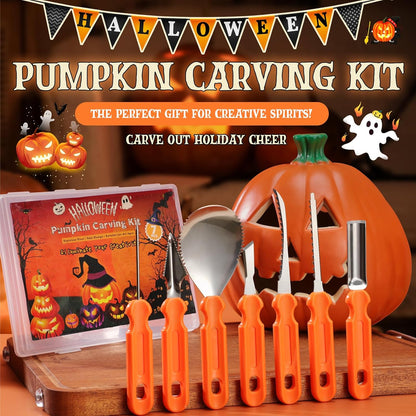 Pumpkin Carving Kit - 7 Piece Professional Stainless Steel Carving Tools with 8 Stencils and Storage Case, Heavy Duty Halloween Jack-O-Lantern Decorations Sculpting Knife Set for Adults and Kids