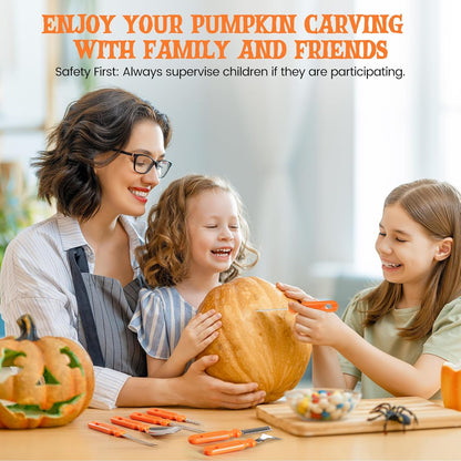 Pumpkin Carving Kit - 7 Piece Professional Stainless Steel Carving Tools with 8 Stencils and Storage Case, Heavy Duty Halloween Jack-O-Lantern Decorations Sculpting Knife Set for Adults and Kids