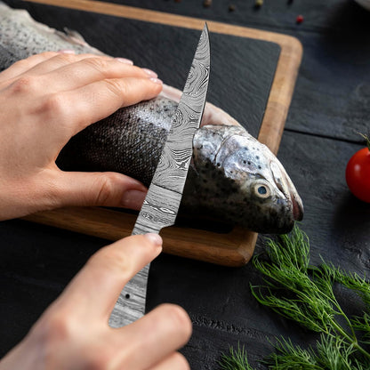 Damascus Steel Fillet Knife Kit, 10 Inches Overall, Fixed Blade, DIY Knifemaking Supplies. Kitchen knife, Fish Fillet Blank Blade, large, AMJ-Fillet-01
