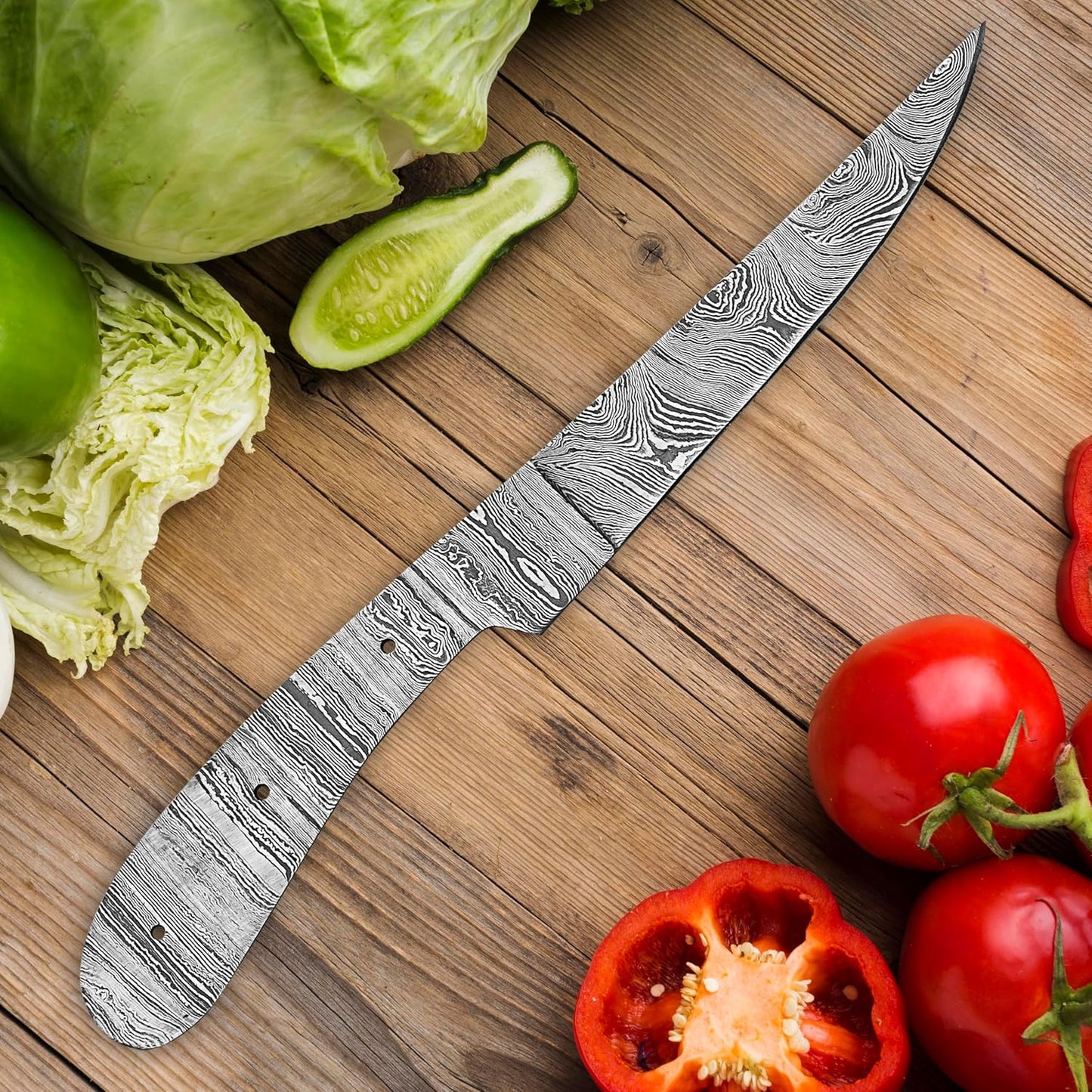 Damascus Steel Fillet Knife Kit, 10 Inches Overall, Fixed Blade, DIY Knifemaking Supplies. Kitchen knife, Fish Fillet Blank Blade, large, AMJ-Fillet-01