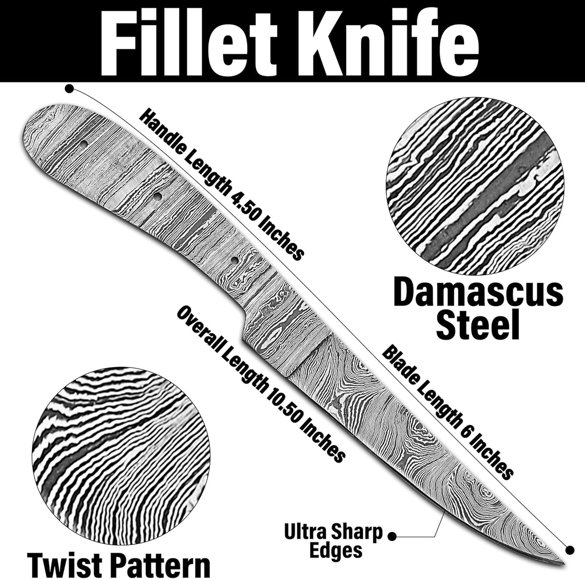 Damascus Steel Fillet Knife Kit, 10 Inches Overall, Fixed Blade, DIY Knifemaking Supplies. Kitchen knife, Fish Fillet Blank Blade, large, AMJ-Fillet-01