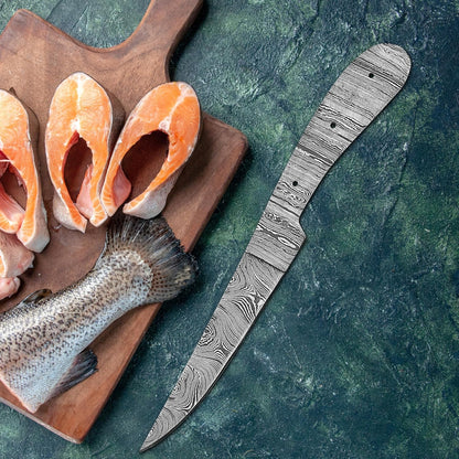 Damascus Steel Fillet Knife Kit, 10 Inches Overall, Fixed Blade, DIY Knifemaking Supplies. Kitchen knife, Fish Fillet Blank Blade, large, AMJ-Fillet-01