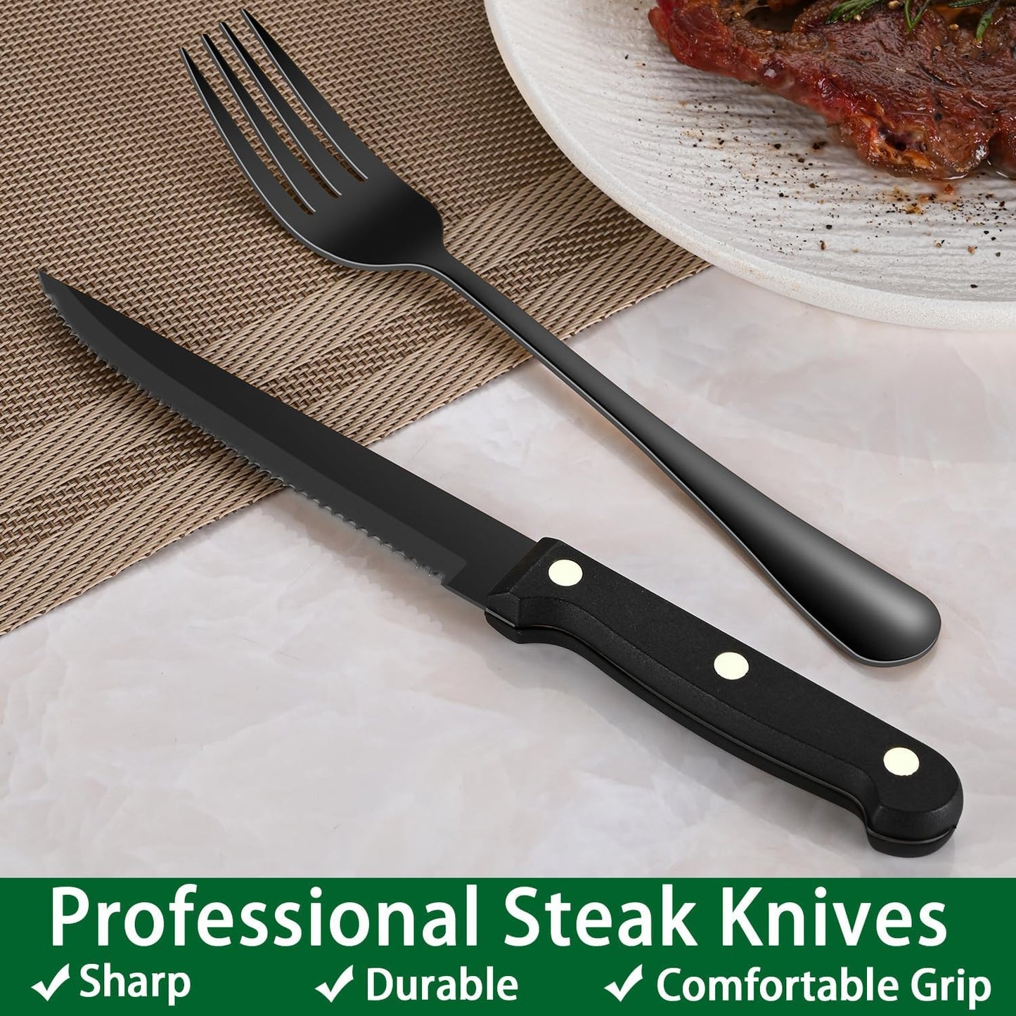 24-Piece Silverware Set with Steak Knives,Flatware Set Service for 4 Person, Food-Grade Stainless Steel Cutlery Set,Includes Knife Spoon And Fork, Mirror Finished Utensil Sets for Home Restaurant