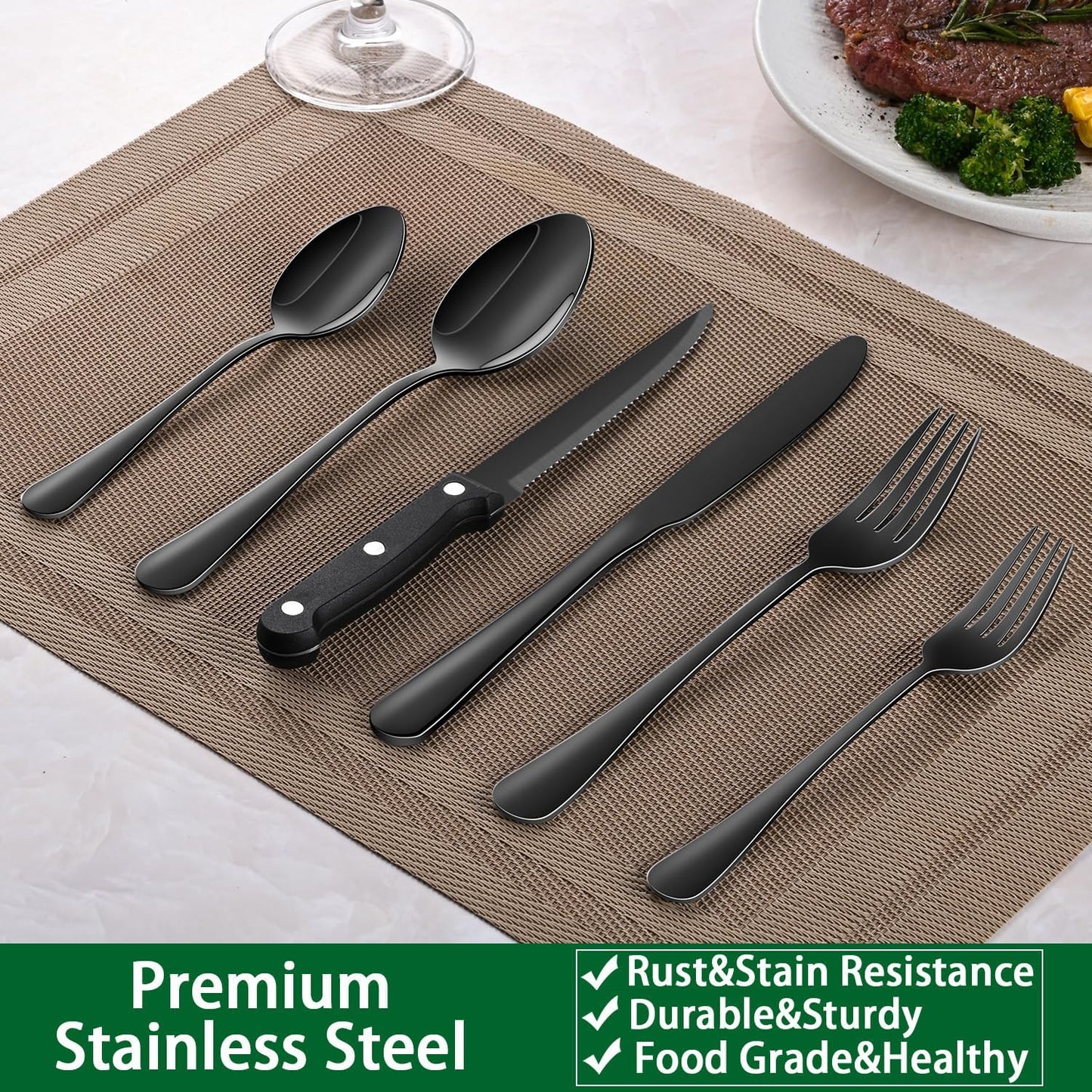 24-Piece Silverware Set with Steak Knives,Flatware Set Service for 4 Person, Food-Grade Stainless Steel Cutlery Set,Includes Knife Spoon And Fork, Mirror Finished Utensil Sets for Home Restaurant