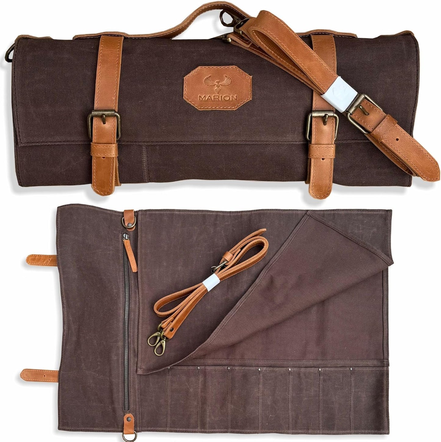 Le Voyageur Brown by Marion - Waxed Canvas with Genuine Calf Top Grain Leather - Handmade Professional Chef Knife Storage Roll Bag - 8 Pockets and Zippered Pocket, Brown