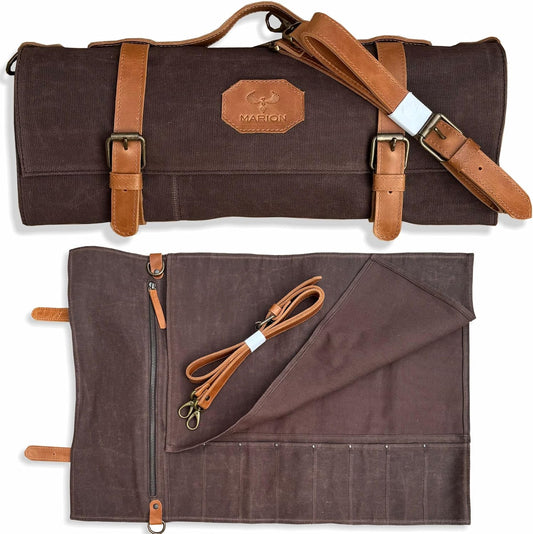 Le Voyageur Brown by Marion - Waxed Canvas with Genuine Calf Top Grain Leather - Handmade Professional Chef Knife Storage Roll Bag - 8 Pockets and Zippered Pocket, Brown