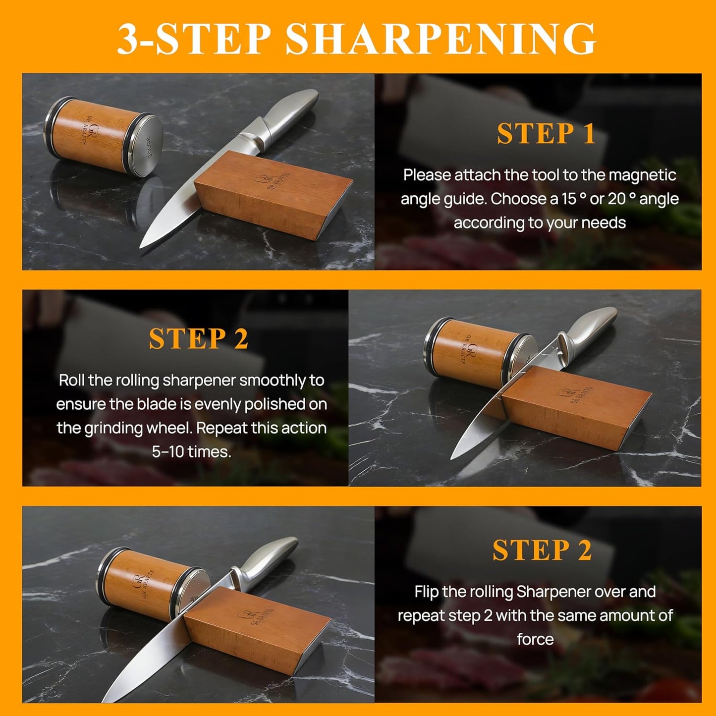 Rolling Knife Sharpener Kit with 1000 & 3000 Grit Discs, Magnetic 15°/20° Angle Guide for Kitchen Knives, Finger Protector, Leather Strop & Carry Bag