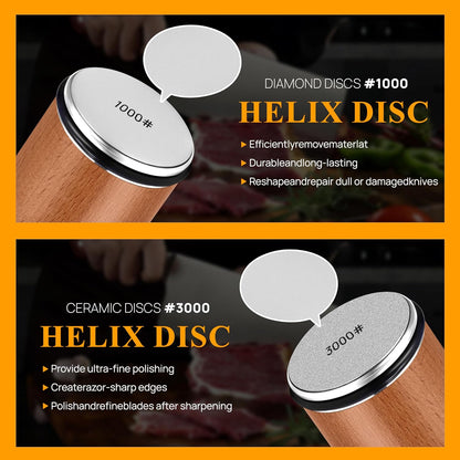 Rolling Knife Sharpener Kit with 1000 & 3000 Grit Discs, Magnetic 15°/20° Angle Guide for Kitchen Knives, Finger Protector, Leather Strop & Carry Bag