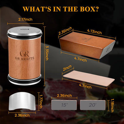 Rolling Knife Sharpener Kit with 1000 & 3000 Grit Discs, Magnetic 15°/20° Angle Guide for Kitchen Knives, Finger Protector, Leather Strop & Carry Bag