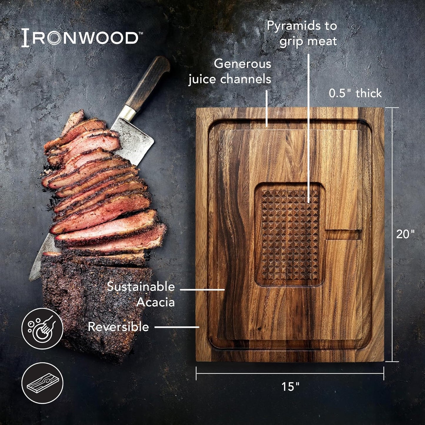 Gourmet Hudson Carving Board, 15" x 20" Acacia Wood Cutting Board with Grip Pad and Juice Well