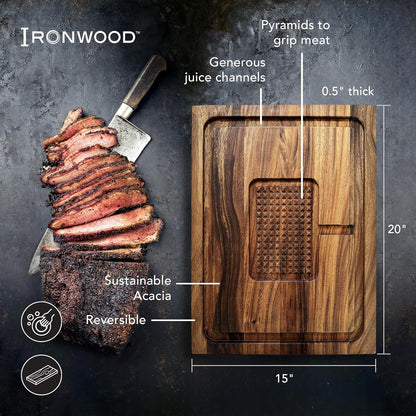 Gourmet Hudson Carving Board, 15" x 20" Acacia Wood Cutting Board with Grip Pad and Juice Well
