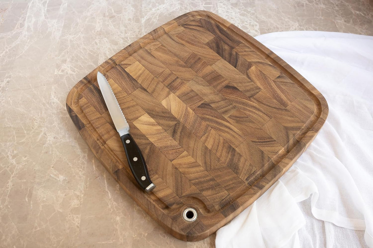 Gourmet Hudson Carving Board, 15" x 20" Acacia Wood Cutting Board with Grip Pad and Juice Well