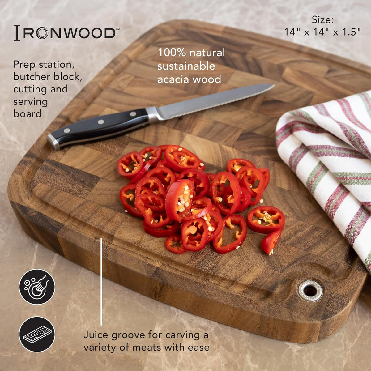 Gourmet Hudson Carving Board, 15" x 20" Acacia Wood Cutting Board with Grip Pad and Juice Well