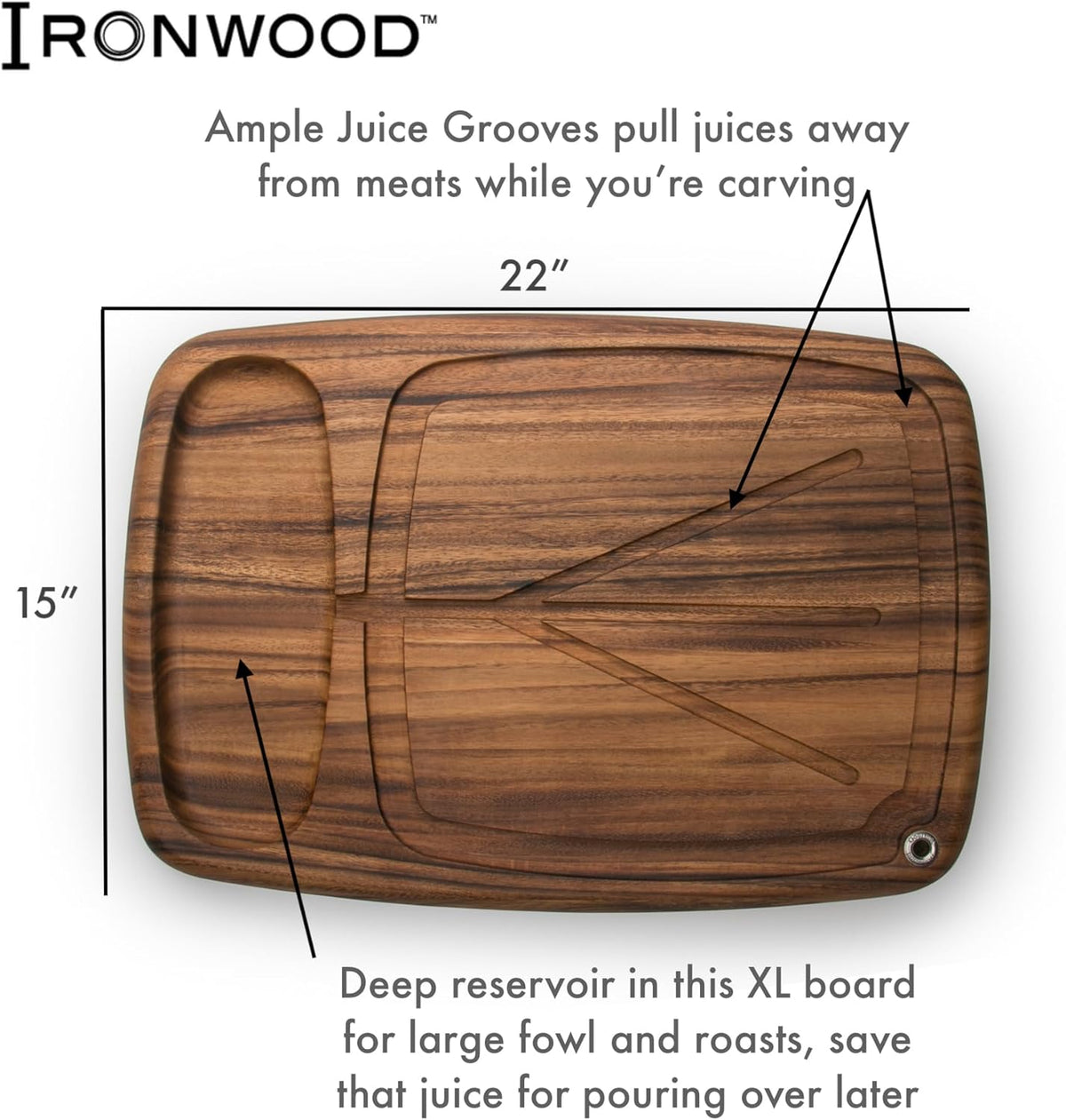 Gourmet Hudson Carving Board, 15" x 20" Acacia Wood Cutting Board with Grip Pad and Juice Well