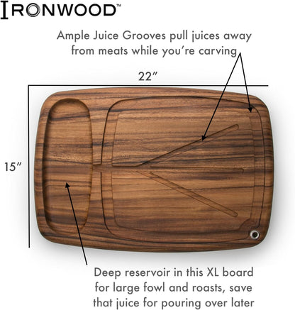 Gourmet Hudson Carving Board, 15" x 20" Acacia Wood Cutting Board with Grip Pad and Juice Well