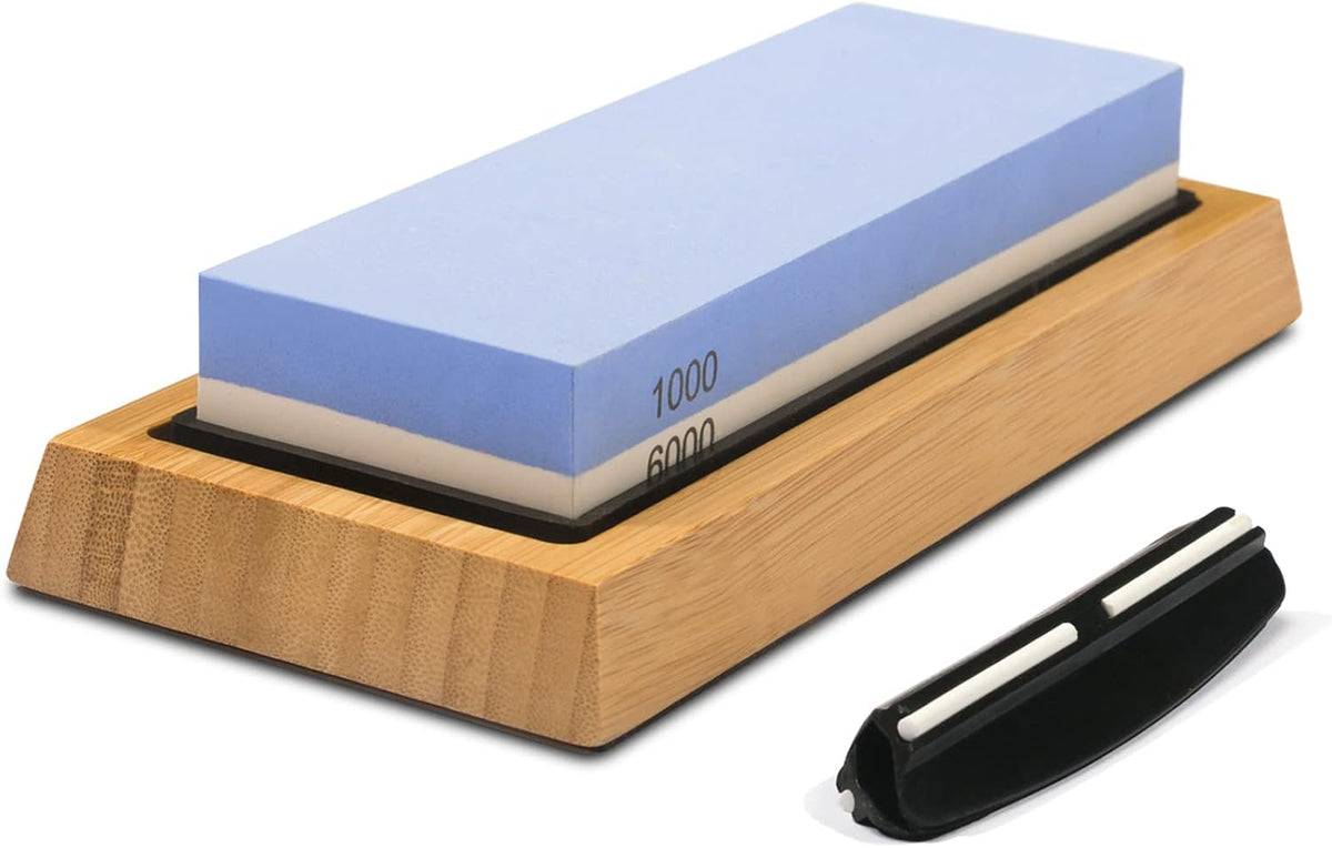 Whetstone Knife Sharpening Stone Kit: Double Straight Chef Sharpener Set - 200/800 1000/6000 Coarse Fine Grit kitchen Professional 2 Sided Honing Wet Stones Slip-Resistant Bamboo Base and Angle Guide