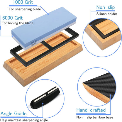 Whetstone Knife Sharpening Stone Kit: Double Straight Chef Sharpener Set - 200/800 1000/6000 Coarse Fine Grit kitchen Professional 2 Sided Honing Wet Stones Slip-Resistant Bamboo Base and Angle Guide
