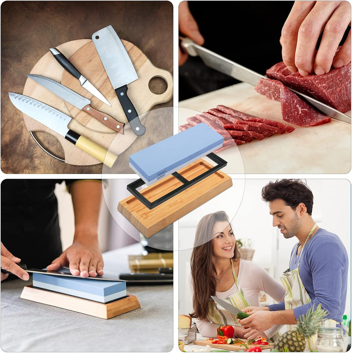 Whetstone Knife Sharpening Stone Kit: Double Straight Chef Sharpener Set - 200/800 1000/6000 Coarse Fine Grit kitchen Professional 2 Sided Honing Wet Stones Slip-Resistant Bamboo Base and Angle Guide
