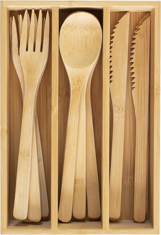 12-Piece Reusable Bamboo Flatware Set with Travel Case | Includes 4 forks, 4 spoons, and 4 knives. Dishwasher safe and lightweight for camping, picnics, travel, and outdoor dining.