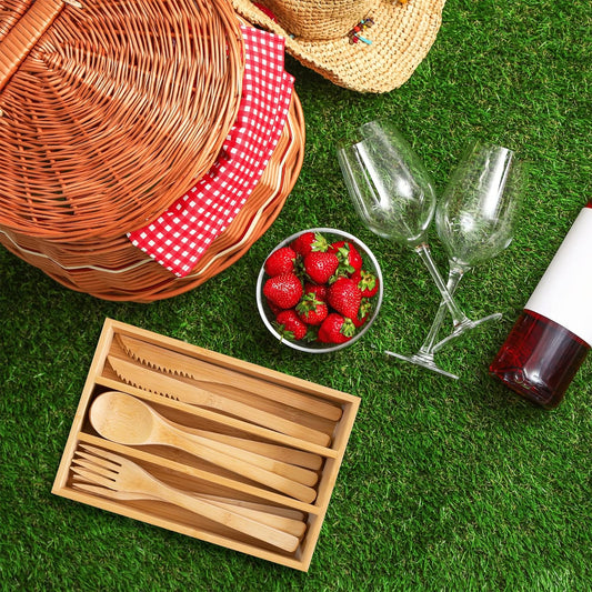 12-Piece Reusable Bamboo Flatware Set with Travel Case | Includes 4 forks, 4 spoons, and 4 knives. Dishwasher safe and lightweight for camping, picnics, travel, and outdoor dining.