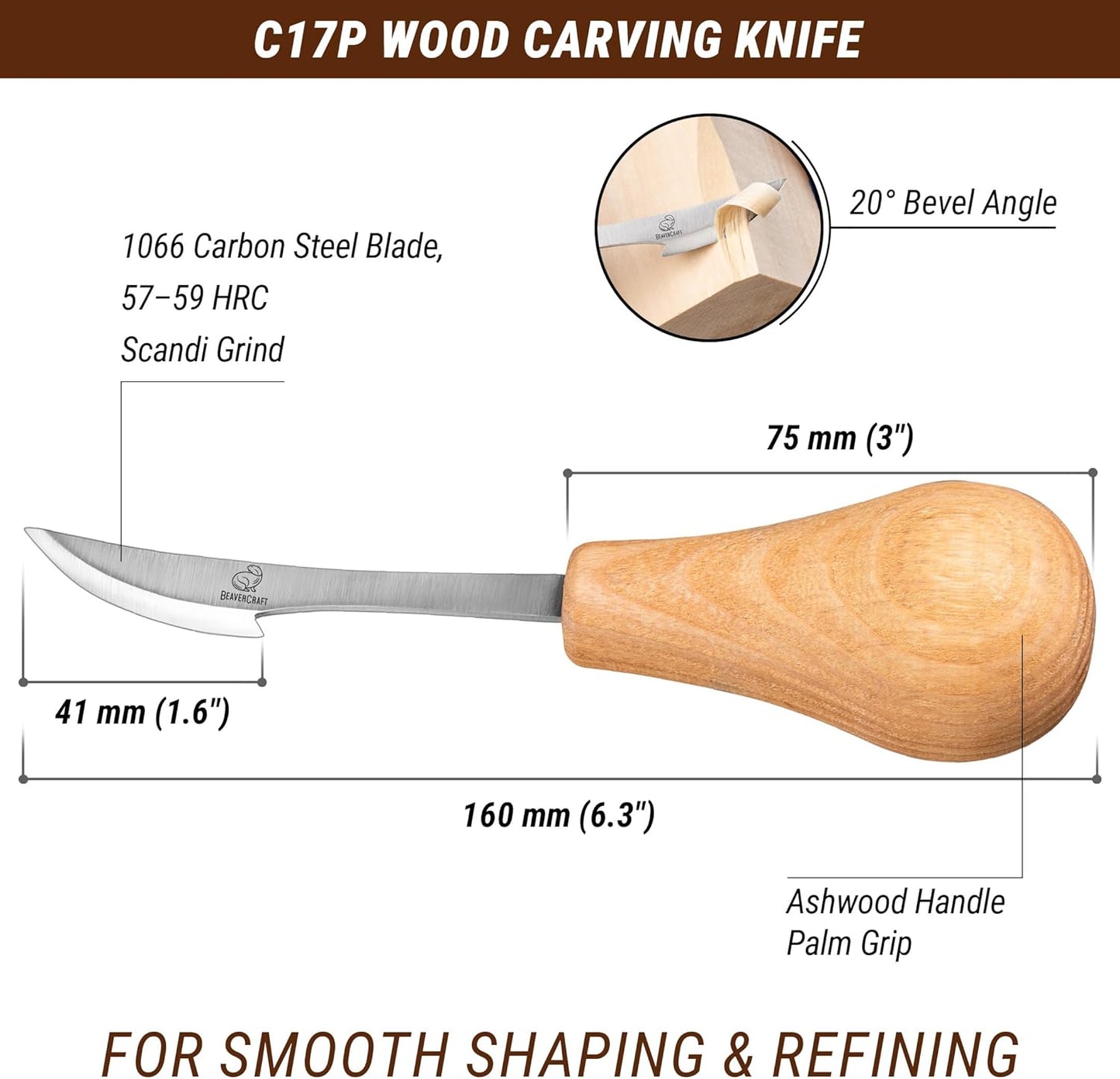 Wood Carving Knife C17P - Sloyd Chip Carving Knife Carbon Steel - Whittling Knives for Beginners and Professionals - Wood Whittling Tools Woodworking Palm Chisel