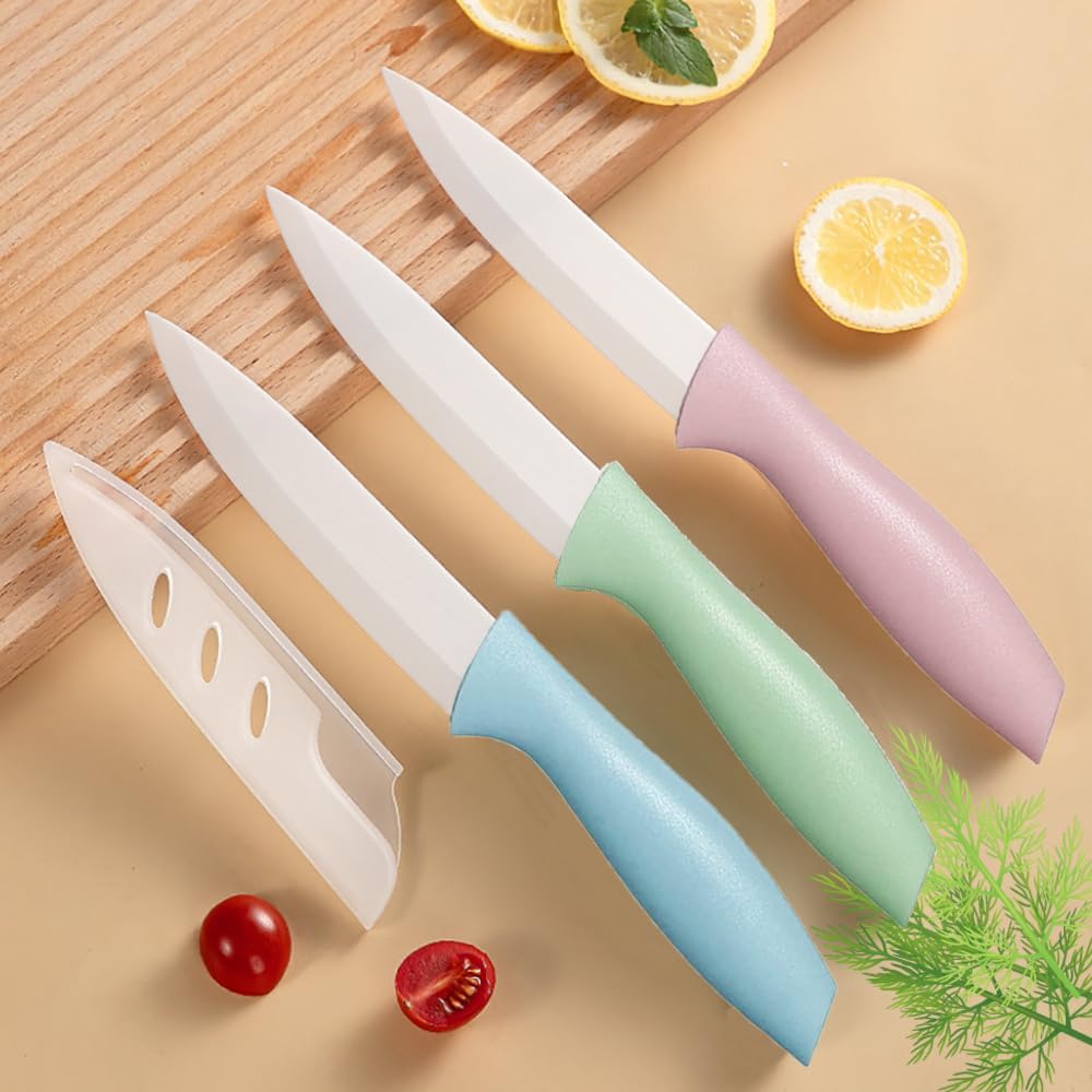 3 PCS Colorful Knivies Set, 4 Inch Ceramic knife 3 PCS Knives with Zirconia Blade and Sheath Covers,use for meat fruit vegetable and bread (green blue and pink)