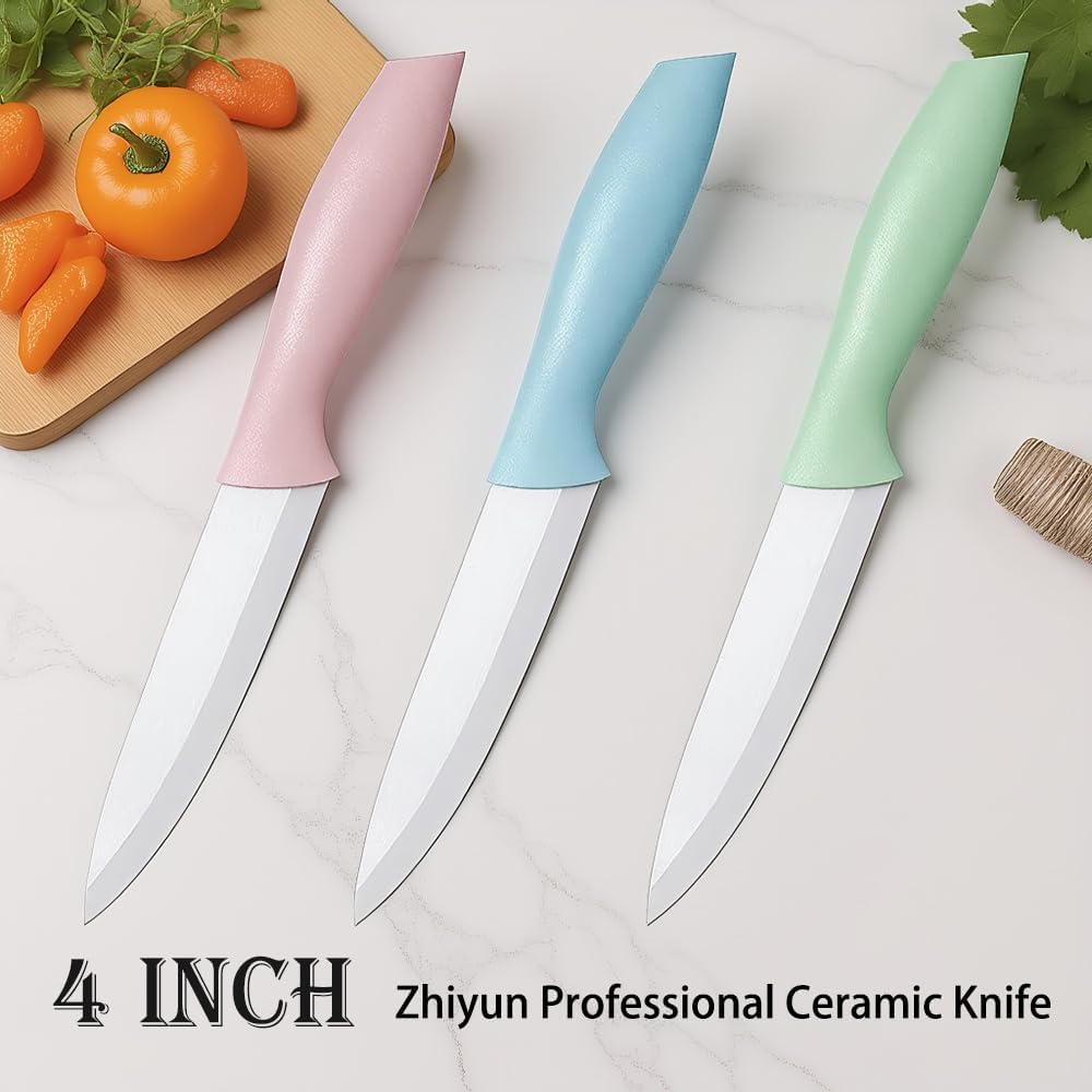 3 PCS Colorful Knivies Set, 4 Inch Ceramic knife 3 PCS Knives with Zirconia Blade and Sheath Covers,use for meat fruit vegetable and bread (green blue and pink)