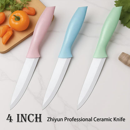 3 PCS Colorful Knivies Set, 4 Inch Ceramic knife 3 PCS Knives with Zirconia Blade and Sheath Covers,use for meat fruit vegetable and bread (green blue and pink)