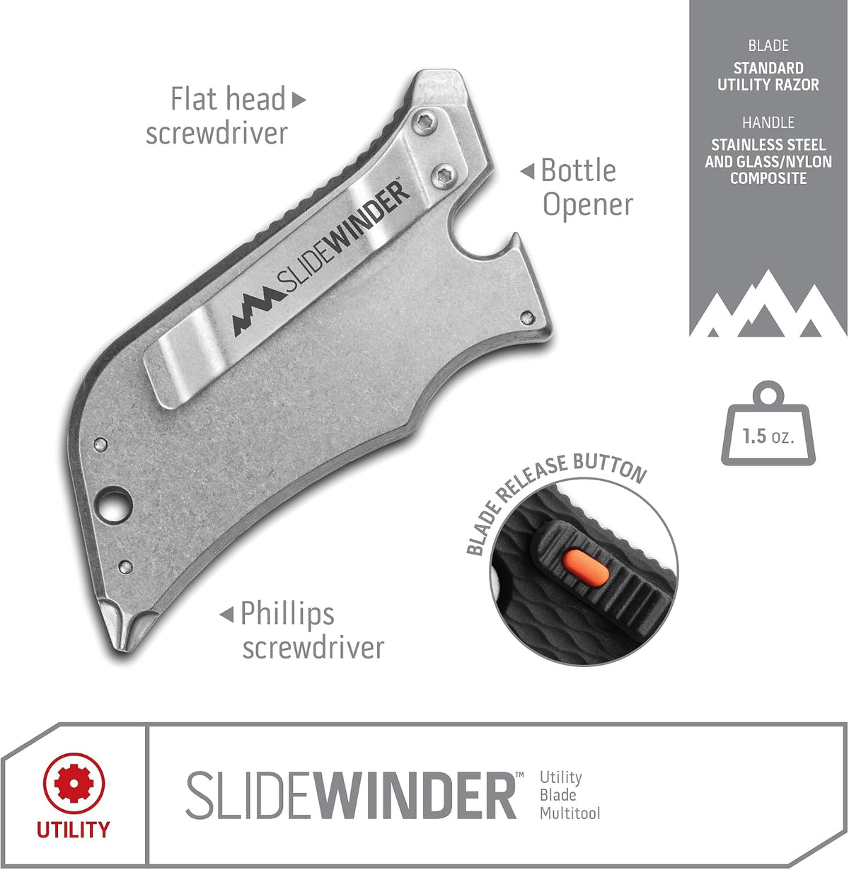 SlideWinder - Utility Knife Multitool with Standard Replaceable Razor Blade, Screwdrivers, Prybar, Bottle Opener and Pocket Clip with Locking Auto-Retracting Blade
