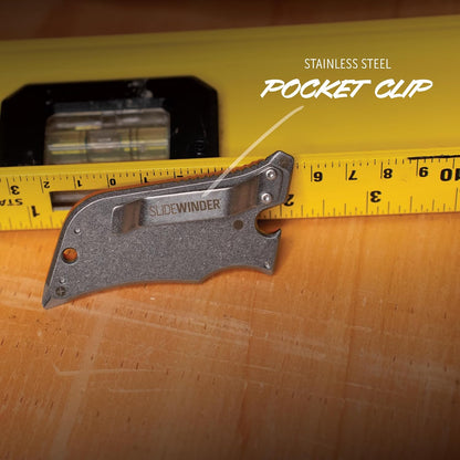 SlideWinder - Utility Knife Multitool with Standard Replaceable Razor Blade, Screwdrivers, Prybar, Bottle Opener and Pocket Clip with Locking Auto-Retracting Blade