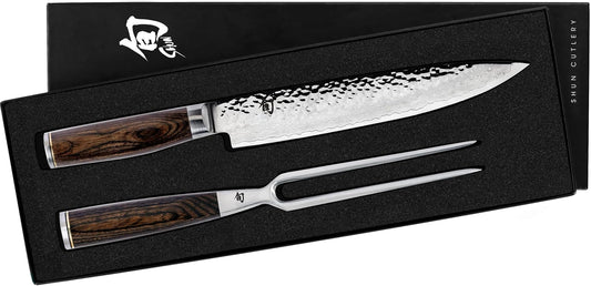 Premier 2 Piece Carving Set | Includes 9.5" Premier Slicing Knife and Carving Fork, VG-MAX Core, Damascus Stainless Steel Cladding, Pakkawood Handle